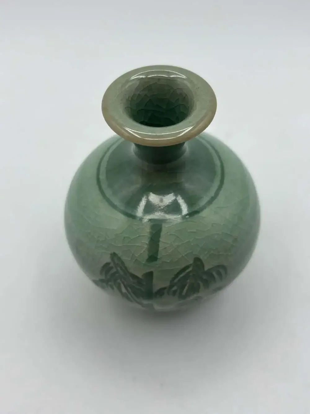 Miniature Celadon Green Crackle Glaze Pottery Vase with Hand-Painted Orchid Moti